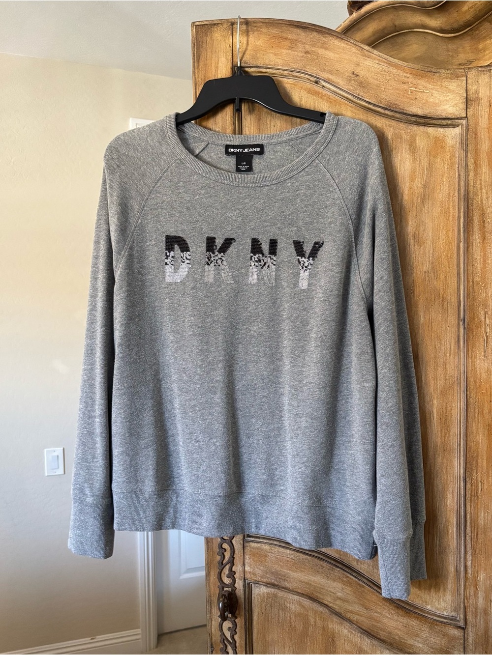 DKNY Gray Crewneck Sweatshirt with Subtle Logo in Tiny Black & Gray sequins.
